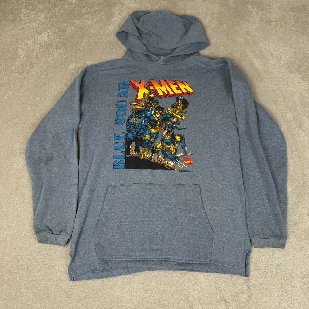 VTG 90s Signal Blue Squad X-Men Hoodie Boys 14-16‎ Big Gray Preowned Stain Flaws